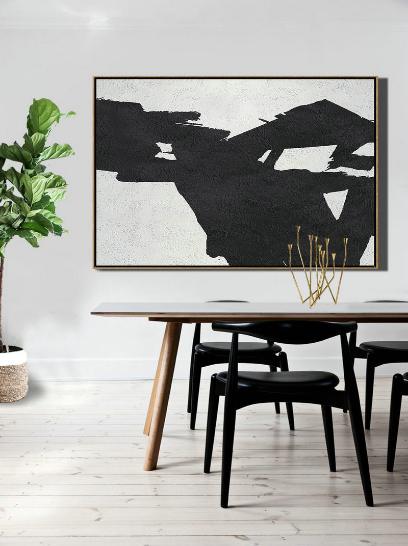 Large Paintings For Living Room,Hand Painted Oversized Horizontal Minimal Art On Canvas, Black And White Minimalist Painting - Living Room Canvas Art